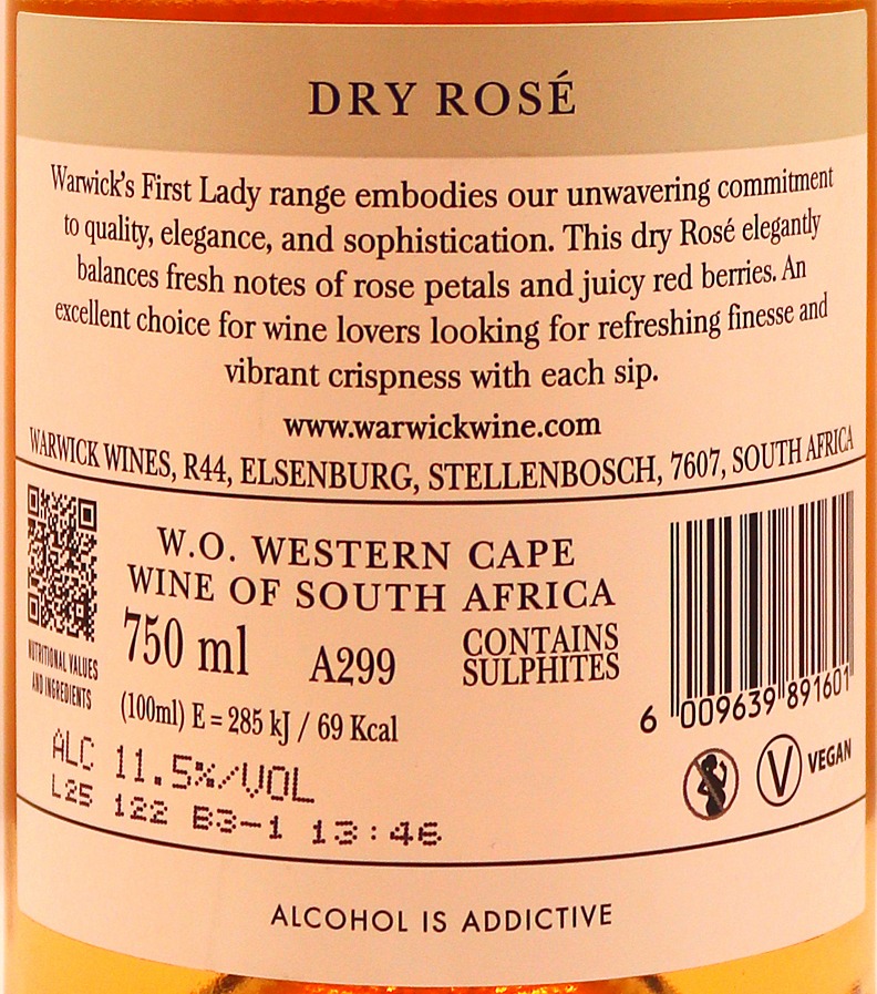 Afrique du Sud Rosé 1st lady Warwick 75cl – Image 2