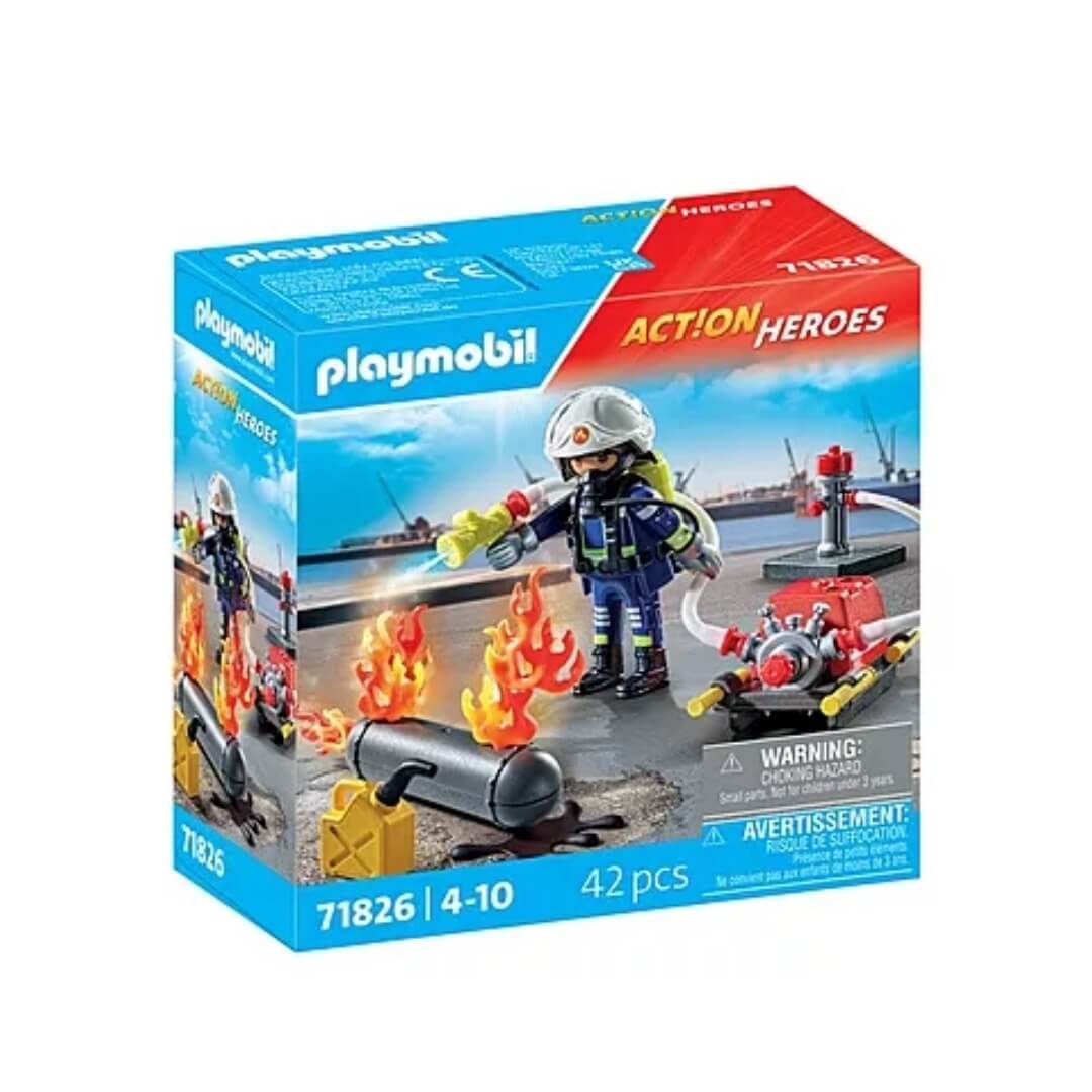 Figurine pompier avec accessoires et feu