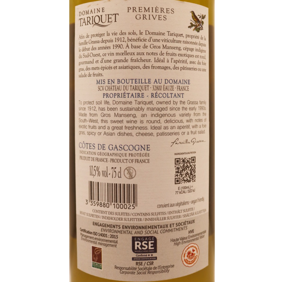 Sud-Ouest Blanc Moelleux Côtes de Gascogne Tariquet Premières Grives 24 75cl – Image 2