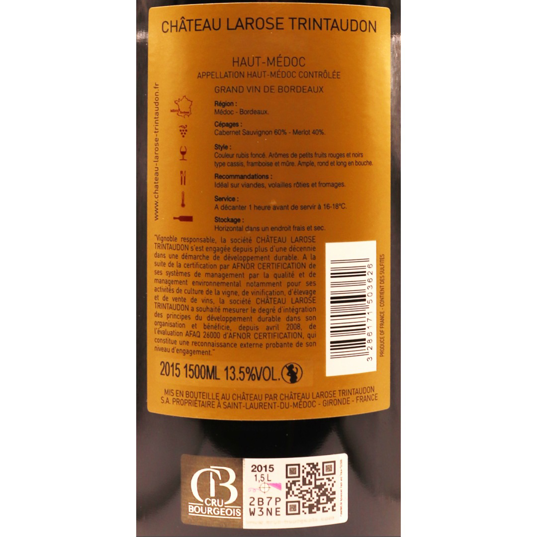 Bordeaux Rouge Médoc Cru Bourgeois Château Larose Trintaudon 15 1,5L – Image 2
