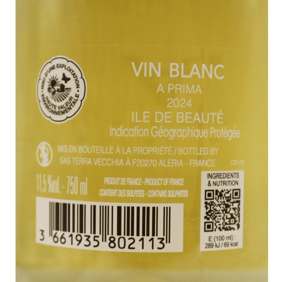Corse Blanc Ile de Beauté Terra Vecchia cuvée A Prima 24 75cl – Image 2