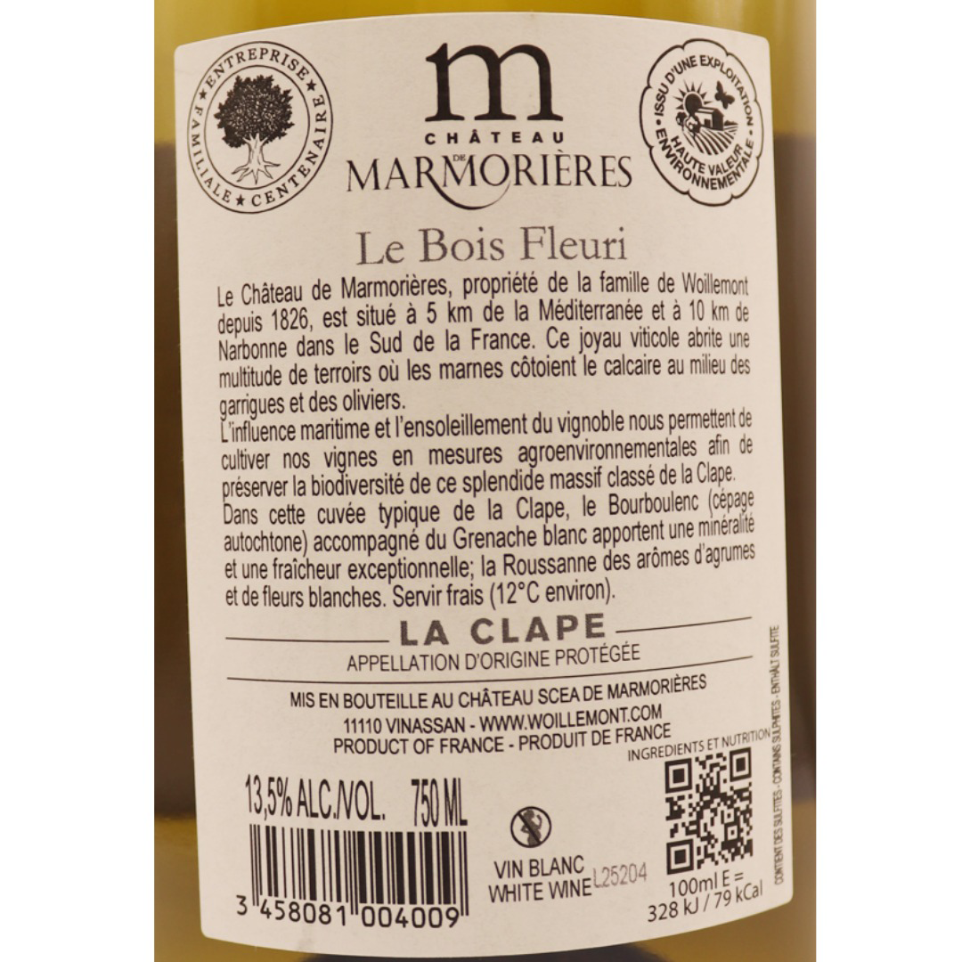 Languedoc Blanc la Clape Château Marmorières Bois Fleuri 24 75cl – Image 2