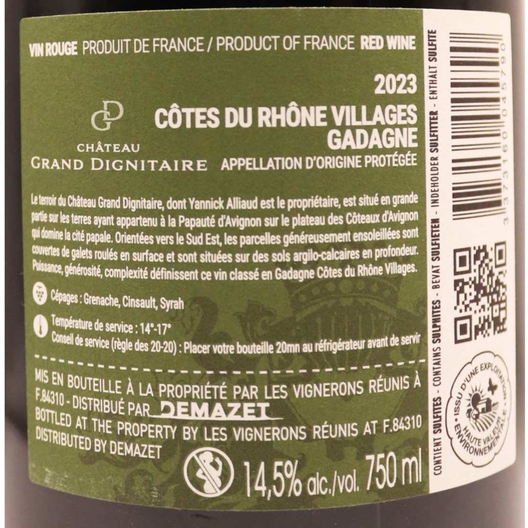 Côtes du Rhône Rouge Villages Gadagne Château Grand Dignitaire 23 75cl – Image 2