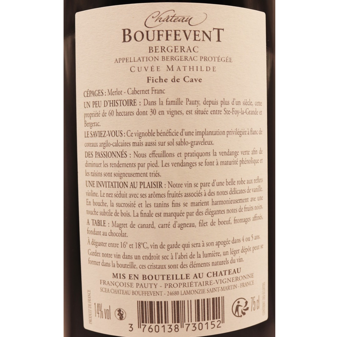 Sud-Ouest Rouge Bergerac Château Bouffevent Cuvée Mathilde 22 75cl – Image 2